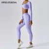 Yoga Outfit 2Piece Gym Set Women Tracksuits Sportswear Outfits Workout Long Sleeve Fitness Bra Shorts For Female Sports Leggings Suit 231012