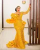 2023 Arabe Aso Ebi Sirène Jaune Robes De Bal Perles Cristaux Soirée Formelle Deuxième Réception Anniversaire Robes De Fiançailles Robe