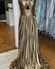 Metallic Pleated Formal Evening Dress 2k24 Keyhole Braided Straps Lady Pageant Prom Cocktail Party Gown Saudi Arabia Red Carpet Runway Drama Black-Tie High Slit Gold