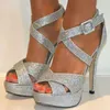 Klänningskor Ashiofu Handgjorda kvinnor Högklackade sandaler x Buckle Strap Party Prom Summer Platform Glitter Evening Fashion