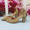 Robe chaussures 2023 luxe champagne or cristal chaussure de mariage et sac femme talon épais sandales hautes dames fête pointue