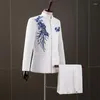 Ternos masculinos blazers túnica chinesa desempenho anfitrião tridimensional flor bordado jaquetas gola traje cantata