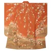 Abbigliamento etnico Kimono tradizionale giapponese Abito kimono a maniche lunghe Vintage Colore arancione Stampe floreali Yukata Cosplay Wear Po Dress FF3669