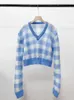 Women's Sweaters Women Simple V-Neck Plaid Knitted Pullover Tops Female Long Sleeve Casual Slim Sweater 2023 Spring