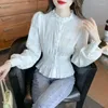 Kvinnor Bluses Women 2023 Fashion Crewneck Puffy Sleeve Stretch Poplin Shirt Vintage Elegant Chic Female White Tops