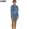 Robe de deux pièces Vazn bleu gland femmes décontracté brillant solide tenue pièces ensemble manches longues col rond jupe courte ensembles élégants 231013