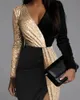 Stedelijke sexy jurken Luxe hoge taille feestavond midi-jurken voor dames Elegant zwart goud pailletten patchwork lange mouwen avondjurk met split 231013
