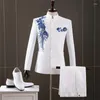 Ternos masculinos blazers túnica chinesa desempenho anfitrião tridimensional flor bordado jaquetas gola traje cantata