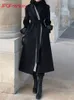 Women' Blend en Coat 2023 Autumn Winter Black Panel Checked Hepburn Style Long Waist Wrapped High Women Winter Jacket 231012