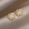 Vintage Camellia Flower Pearl Stud Earrings 여성 도금 18K 골드 S925 여성 결혼식 파티 연회 발렌타인 데이 크리스마스 보석 선물 SPC
