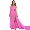 Eenvoudige één-schouder-galajurken Heet roze chiffon Celebrity-feestjurken Zijsplit Een lijn Lange sexy avond Gelegenheid Formele kleding voor vrouwen