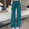 Jeans femme WITHZZ pantalon en denim vert taille haute jambe droite avec plusieurs poches et lignes vives