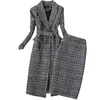 Work Dresses Plaid Suit Women Autumn Winter Long Woolen Blazer & Skirt Set Temperament Tweed Trench Two Piece Plus Size Outfit F18276M