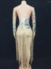 Scenkläder Guld Tassel Crystal Printed Bodysuit Tights Sexig Performance Dance Costume Rhinestones Leotard Nightclub Show Rave Outfit