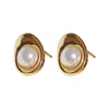 Pendientes de tuerca de moda coreana para mujer y niña, aretes geométricos ovalados de perlas simuladas, joyería sencilla de lujo ligera de alta gama