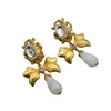 Stud Earrings Autumn European And American Women's Vintage Gold-plated Bow Water Drop Glass Ear Clip Shoulder Sweep Style