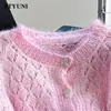 Kvinnors stickor Gradient Mohair Hollow Out Long Sleeve Single Breasted Sweater Korean Fashion Pullover Short Sweaters Autumn Winter 2023