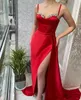 Evening Dresses Red Prom Party Gown Formal Mermaid Zipper Lace Up Plus Size Custom New Thigh-High Slits Sweetheart Pleat Crystal Sleeveless Satin