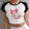 Women's T Shirts Kawaii Cartoon Axolotl Women Summer Top Shirt Anime Graphic Tee O Neck Short Sleeve Cute Aesthetic Tshirt Female Crop Slim