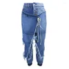 Jeans pour femmes Frenulum Ripped Calf-Lengt Pantalons Femmes Y2K Mode Streetwear Couture Bleu Casual Fille Poche Filetée Petit Pied