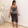 Casual Jurken 2023 Mesh Diamanten See Hoewel Steentjes Kelderen V-hals Sling Bodycon Jurk Voor Vrouwen Sexy Club Party Potlood