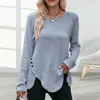 Kvinnors blusar Autumn Winter Top Stylish Rands Texture Button Decor Lång ärm Pullover Mjuk oregelbunden hem Fall/vinter T-shirt lös