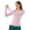 L-9083 Elastic Crewneck Sweatshirts Kvinnor långärmad skjortor Yoga toppar mesh andningsbara t-shirts snabb torr fitness slit