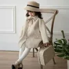 Coat Baby Girl Woolen Bow Tie Jacket Long Pearl Button Warm Infant Toddle Lapel Spring Autumn Winter Outwear Clothes 110Y 231013