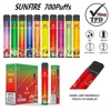 China Factory Wholesale TPD certificat Sunfire Bar Disposable Vape E Cigarette 600 700 800 Puffs Mini RECHARGable E Cig 0% 2% 5% Mesh Coil Persumed Vapor Eu UK