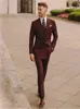 Men's Suits Dark Red 2 Pieces Men Double Breasted Tuxedos Lapel Custom Made Cotton Formal Party Fit Slim Coat Pant High Quality