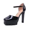 Sandals Platform Patent Leather Buckle Women's Summer Thick High Heels Shoes Pure Black Dress Gladiator