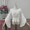 Blusas femininas vintage lolita camisas mulheres kawaii renda babados o-pescoço manga flare chiffon tops feminino doce elegante princesa vitoriana