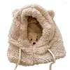 Berets desenhos animados urso orelha cordeiro beanie chapéu com máscara quente balaclava inverno engrossado proteção outono crânios beanies para mulheres menina