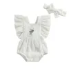 Mamelucos Maemukilabe Infant Born Bubble Romper Diadema Conjuntos de ropa para niña Mono con bordado floral Trajes de verano (Blanco 3-6