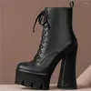 Dress Shoes 2023 High Heel Casual Women Lace Up Genuine Leather Chunky Platform Pumps Female Top Round Toe Motorcycle Boots