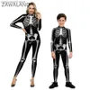 Thème Costume ZAWALAND Halloween Tenues Assorties Squelette 3D Imprimé Zentai Cosplay Come Party Parent-Enfant Sexy Spandex Catsuit T231013