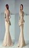 Champagne Mermaid Peplum Prom Dresses Jewel Neck Illusion Long Sleeves Lace Applique Zipper Back Party Evening Morther of Bride Go2578433