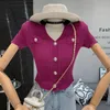 Women's Knits Summer Vintage Sweet Cute V-Neck Temperament Shoulder Pads Stretch Short Cection Knitted Cardigan Top