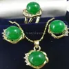 10mm Green Jades Earrings Ring & Necklace Pendant Set plated watch whole Quartz stone CZ crystal239I