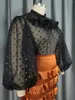 Work Dresses Women Two Pieces Set Black Polka Dot Transparent Blouse Tops Lantern Sleeve With Skirt Ruffle Pencil Shiny Elegant Suit African