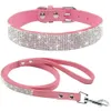 Cat Collars Leads Suede Leather Dog Collar Leash Set Rhinestone Crystal Soft Material Adjustable Small Dogs Cat Pets Collars Leads Chihuahua 231011