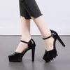 Sandals Platform Patent Leather Buckle Women's Summer Thick High Heels Shoes Pure Black Dress Gladiator