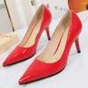Sapatos de vestido mulher bombas de couro de patente 7.5cm apontou dedo do pé fino salto alto vermelho branco casamento escritório senhoras tamanho grande b0020