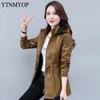 女性の革革新ytnmyopスリムファッションジャケットフード付きコート女性春と秋のドローストリングハイストリートウェアプラスサイズS-4xl