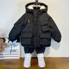 Para baixo casaco de inverno para baixo jaqueta de algodão meninos preto casaco com capuz crianças outerwear roupas adolescente 3-8y crianças parka acolchoado snowsuit xmp323 231013