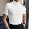 Homens camisetas estilo britânico gola alta manga curta malha cor sólida magro ajuste para homens simples casual camiseta top homme