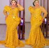 2023 Árabe Aso Ebi Sereia Amarelo Vestidos de Baile Frisado Cristais Noite Formal Festa Segunda Recepção Aniversário Vestidos de Noivado Vestido