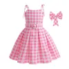 Girl S klänningar film Barbi Halloween Party Cosplay Costume Bow Sleeveless Vintage Pink Plaid Dress Rose Top Fleared Trousers Girls Clothing Set 231013