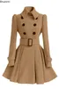 Women's Wool Blends 2023 Womens Elegant Thick Midi Length Doublebreasted Overcoat Keep Warm Aline Loose Hem Tight Waist Woolen Coat with Belt 231012