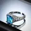 Anneaux de mariage Vintage bleu clair carré coupe 4 femmes bague sculpture fleur incrustée Zircon femelle argent couleur bijoux en gros